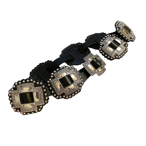 Southwestern Aztec Boho Chic Silver and Black Leather Oversized Belt - Picture 2 of 7